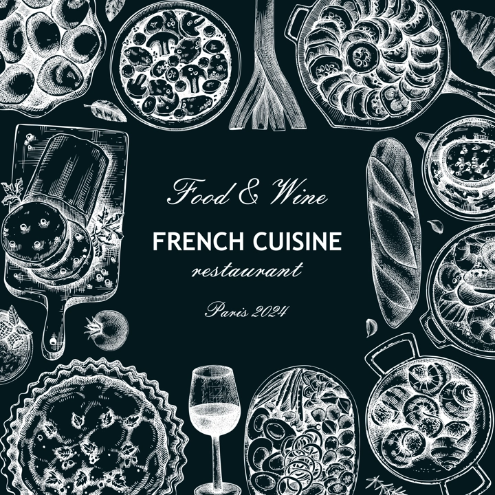 French food frame design. Retro food and wine sketches on chalkboard. European restaurant menu template. France background. Hand-drawn vector illustration, NOT AI generated